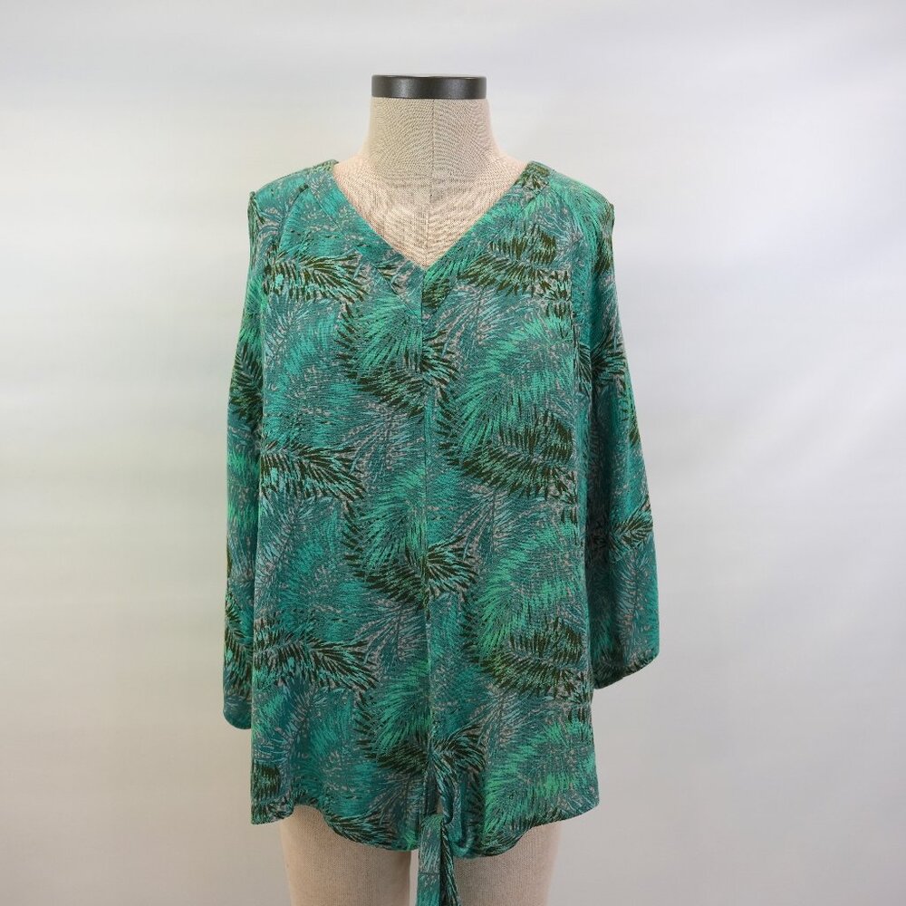 Democracy V-Neck Cold Shoulder Tie Front Top Palm Tree Print Women's Size M
